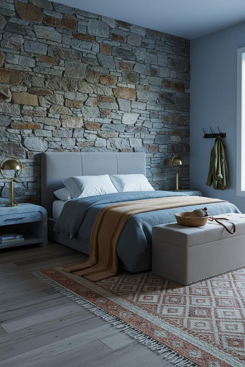 Rustic Bedroom Stone Accent Wall Farmhouse