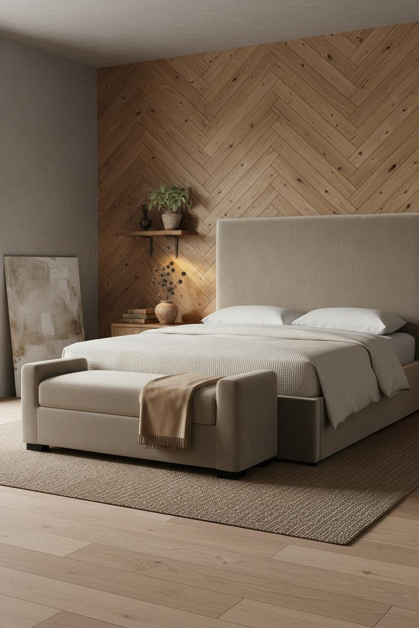 Rustic Chic Bedroom Herringbone Wood Accent Wall