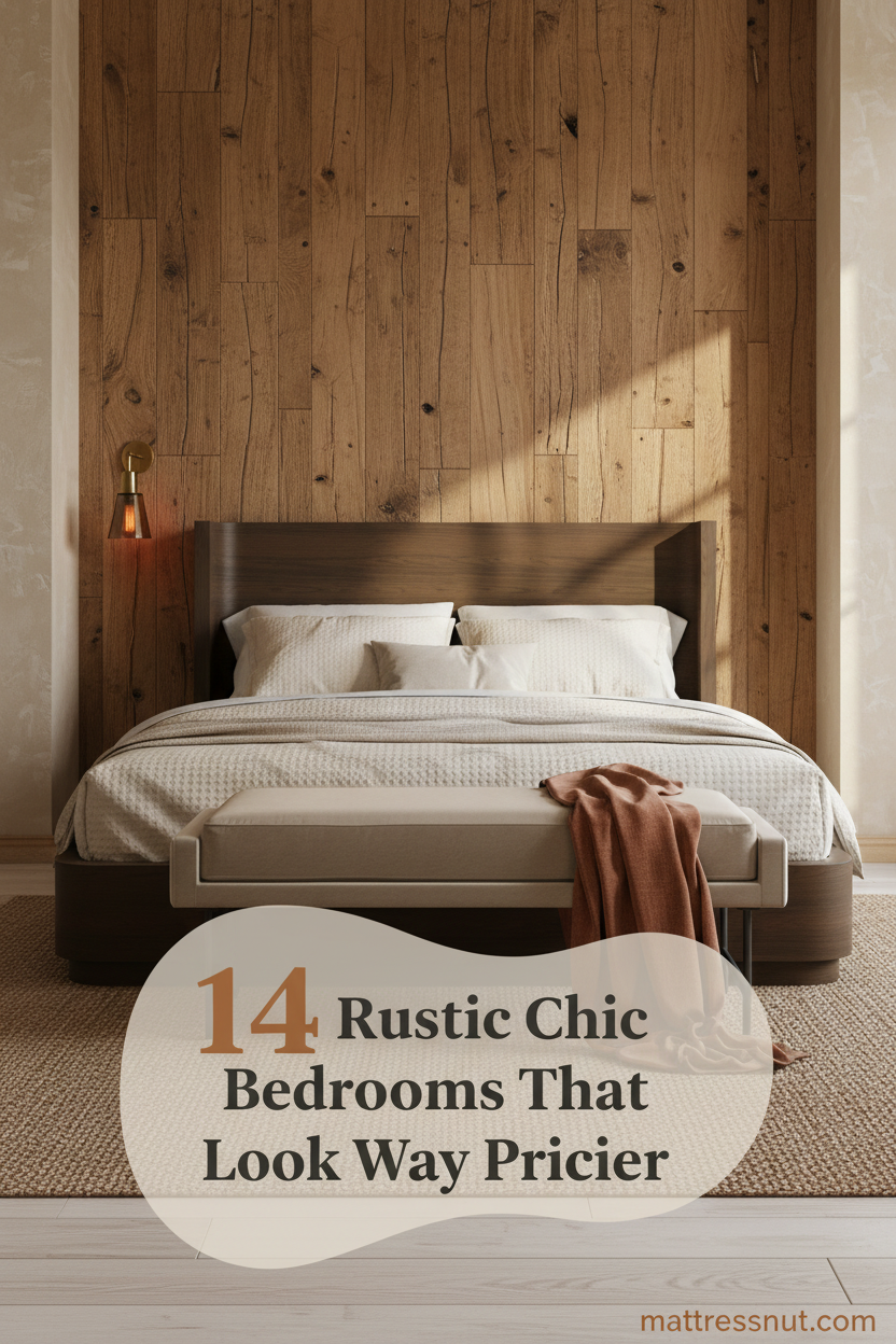Rustic chic bedroom with reclaimed oak plank wall, cream waffle-weave bedding, rust linen throw, brass sconce, and bleached pine floors