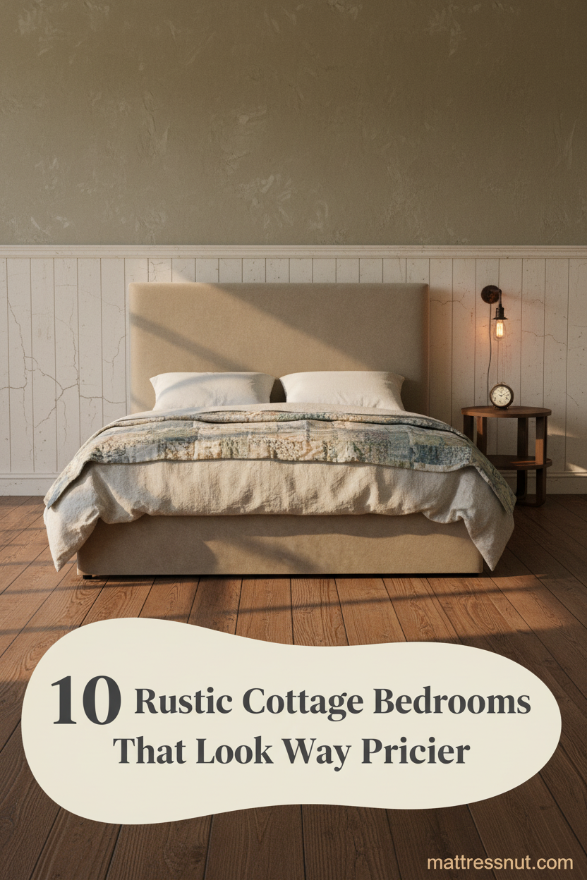 Rustic cottage bedroom with cream wainscoting, limewash plaster walls, reclaimed oak floors, stone-washed linen bedding, patchwork quilt, and wrought-iron sconce