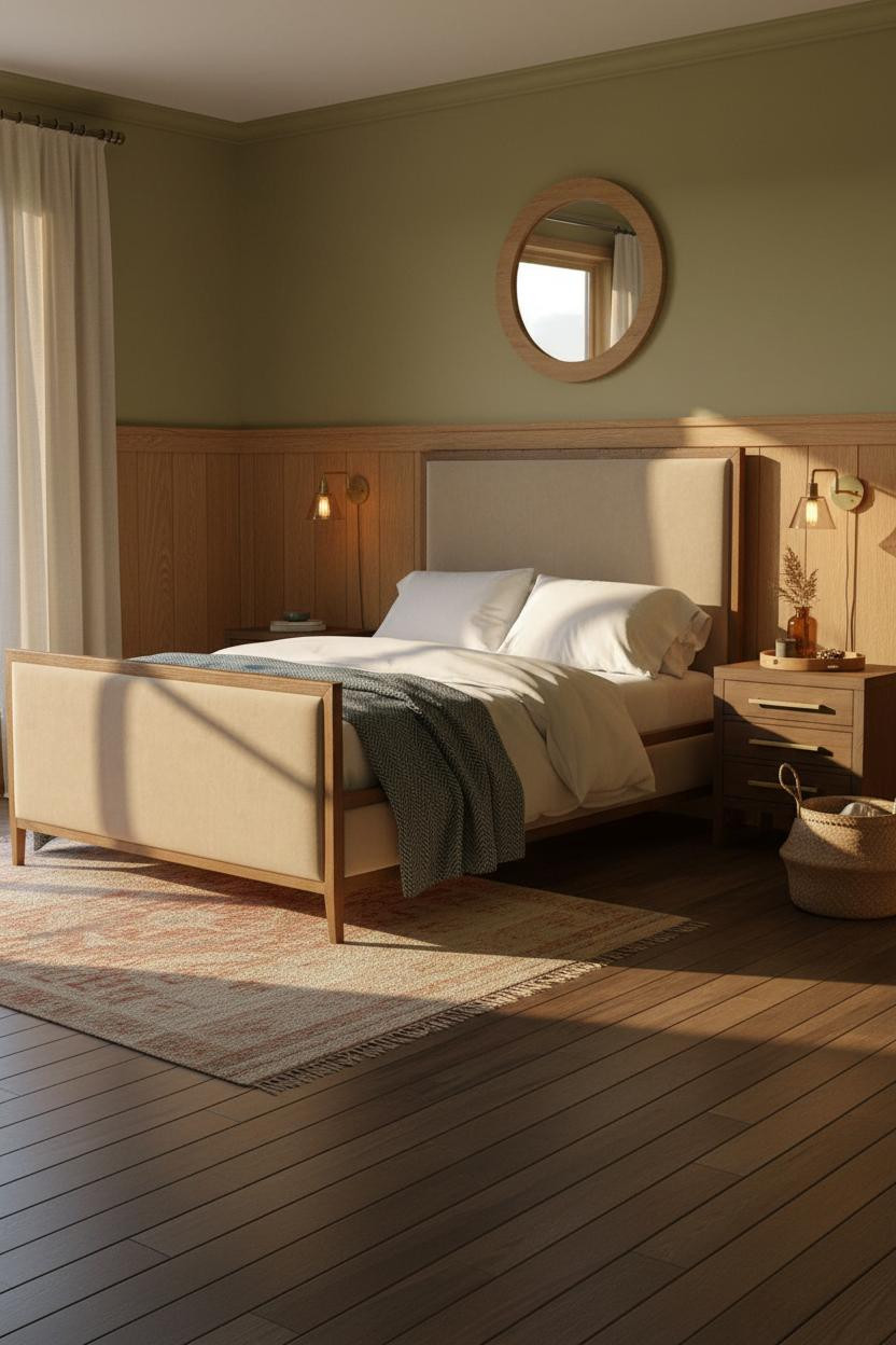 Rustic Cottage Bedroom Wainscoting Brass Sconces