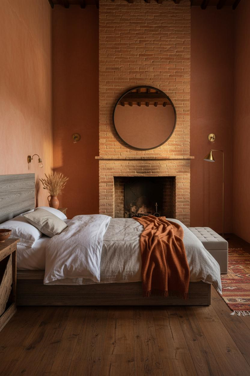 Rustic Farmhouse Bedroom Brick Fireplace Warm Lighting