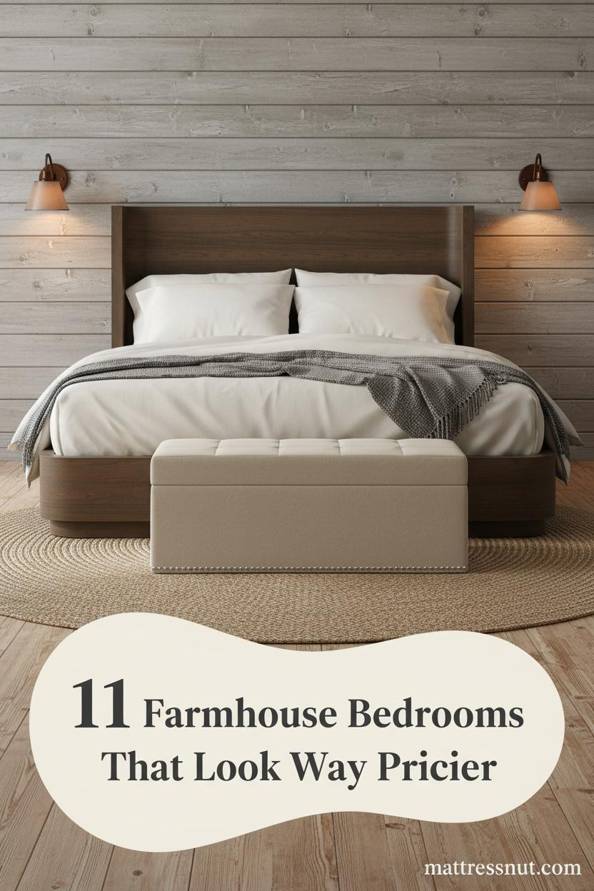 Rustic farmhouse bedroom with weathered grey shiplap wall, reclaimed pine floors, ivory bedding, charcoal throw, and warm amber sconce lighting