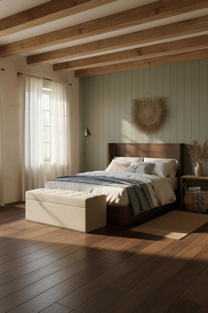 Rustic Farmhouse Bedroom Sage Green Shiplap Beams