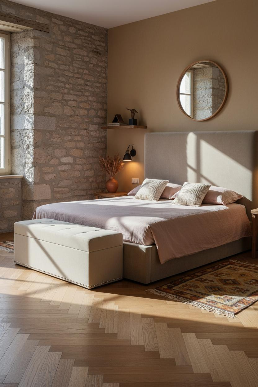 Rustic Farmhouse Bedroom Stone Wall Morning Light