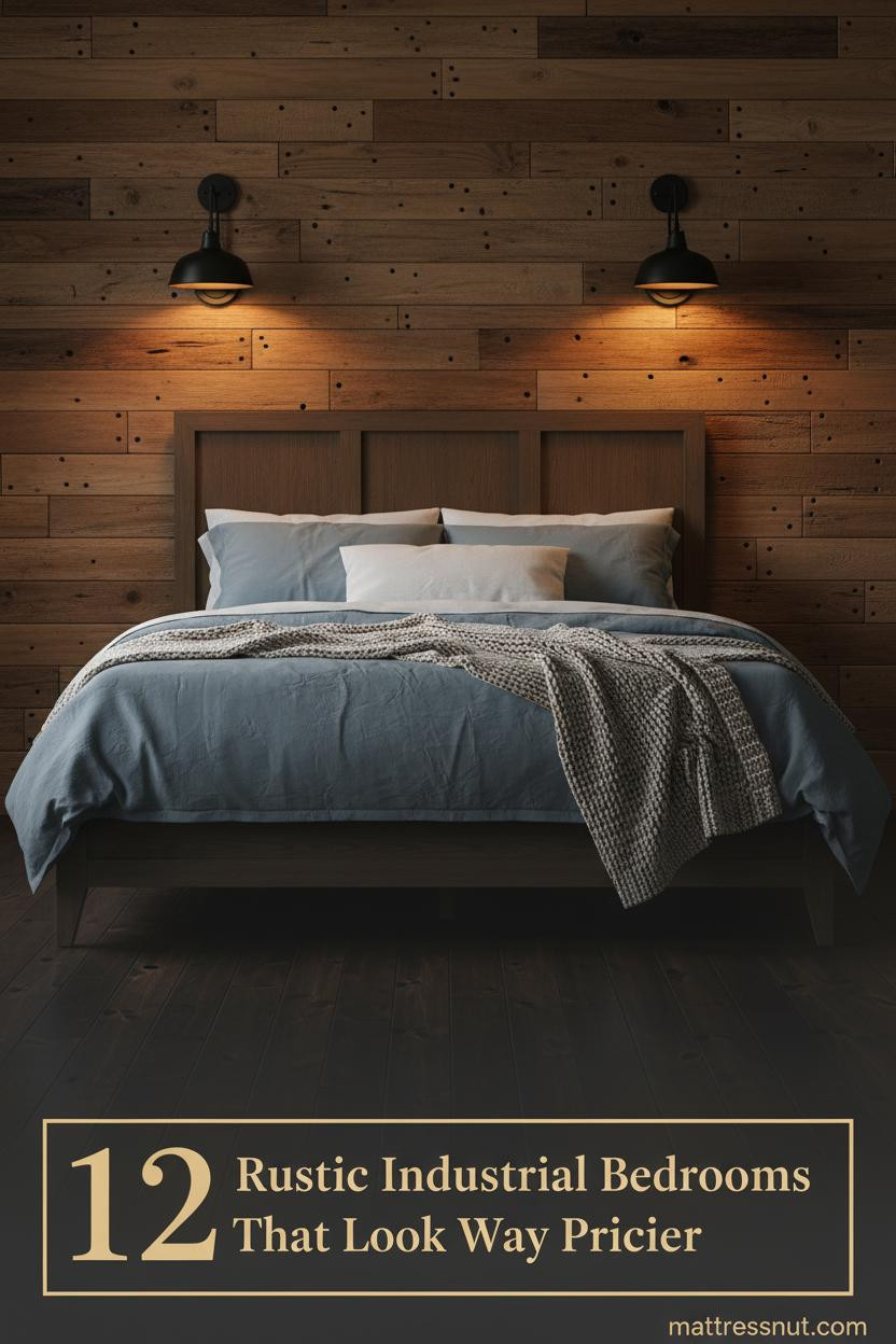 Rustic industrial bedroom with reclaimed timber plank wall, dark hardwood floors, slate linen bedding, and warm amber iron sconce lighting