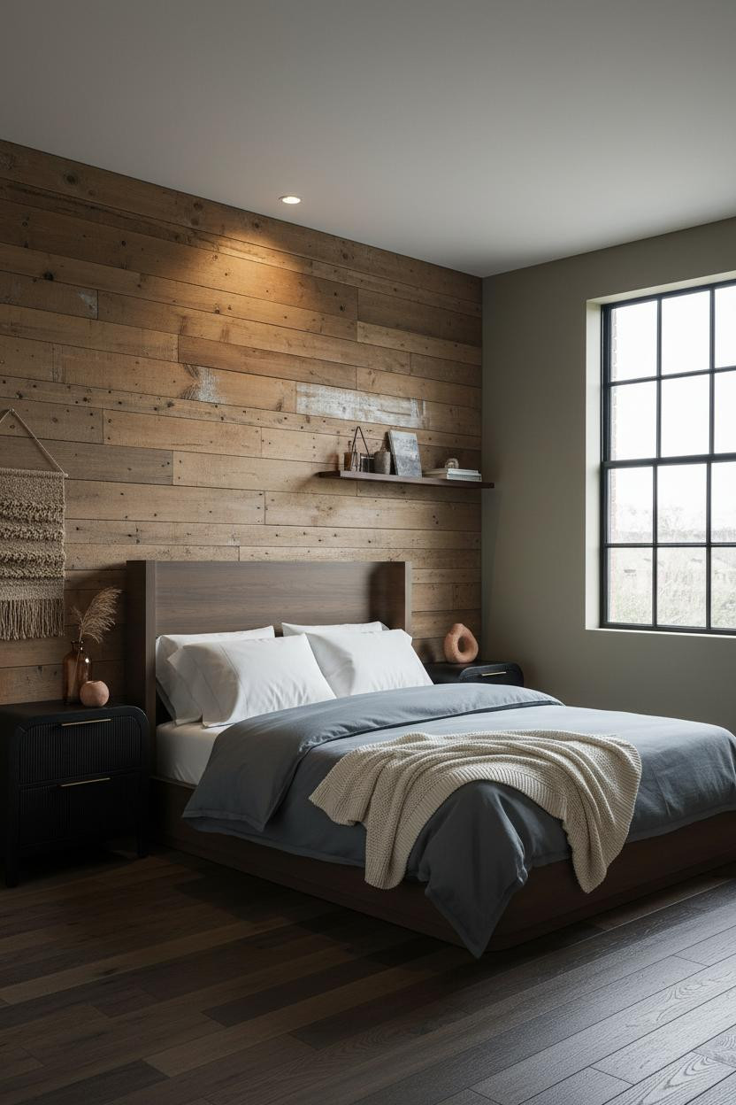 Rustic Industrial Bedroom Reclaimed Plank Wall