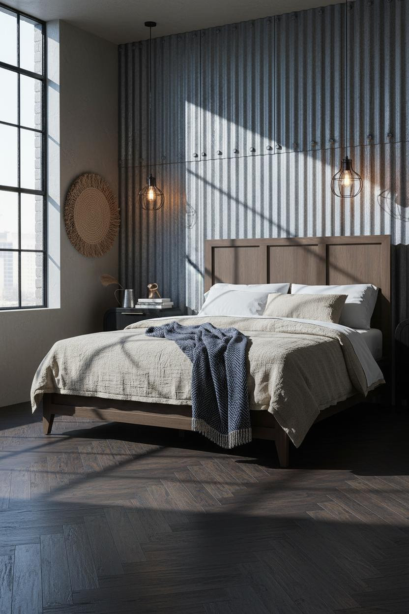 Rustic Industrial Bedroom Steel Wall Herringbone