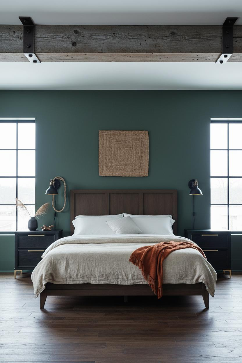 Rustic Industrial Bedroom Timber Beam Dark Plaster