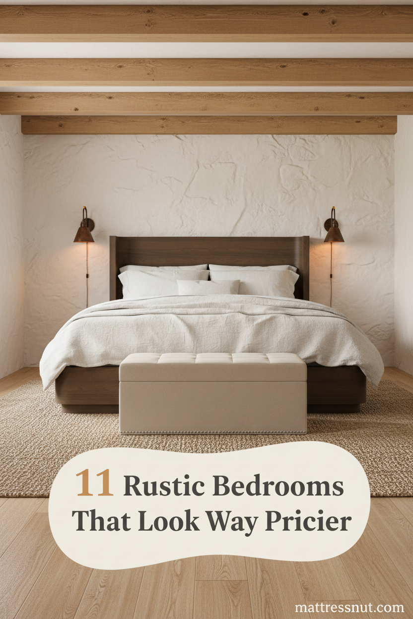 Rustic bedroom with honey-brown ceiling beams, cream plaster walls, ivory linen bedding, jute rug, and warm amber sconce lighting