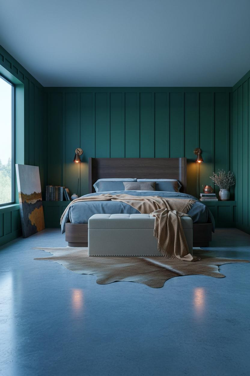 Rustic Western Bedroom Forest Green Paneling