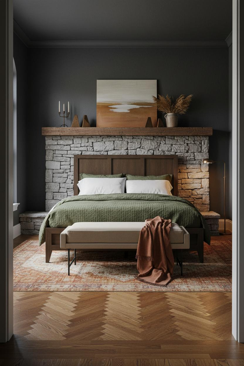 Rustic Western Bedroom Stone Fireplace Boho