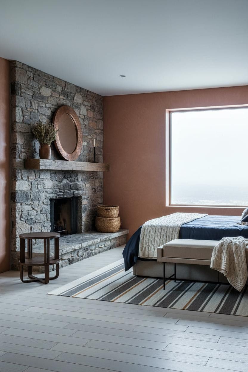 Rustic Western Bedroom Stone Fireplace