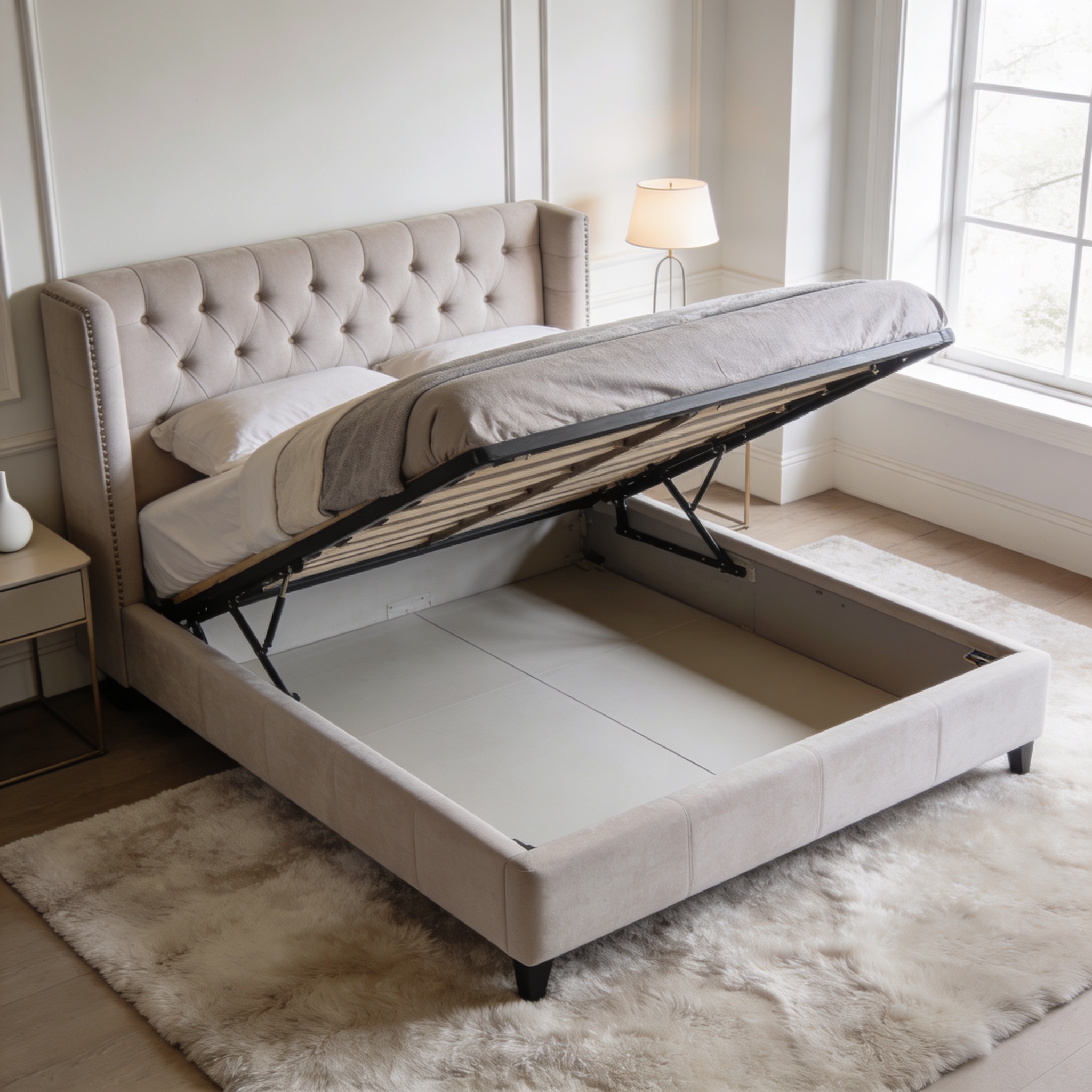 Saatva Amalfi Storage Bed with hydraulic lift open showing under-mattress storage compartment in elegant bedroom