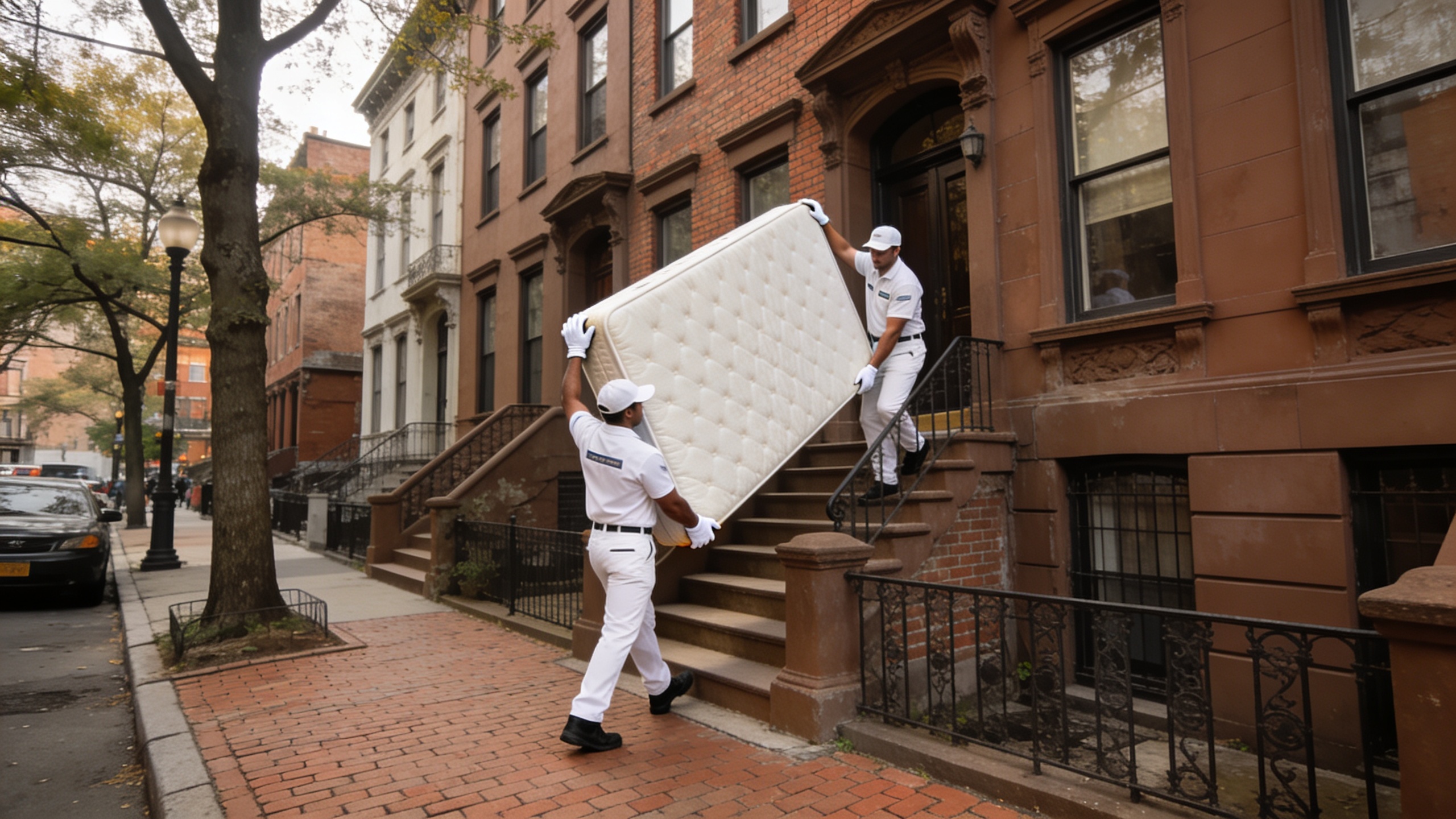 Saatva white-glove mattress delivery in Boston urban neighborhood with brownstone houses