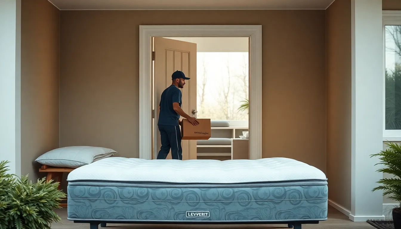 Saatva white-glove delivery crew at residential home doorway