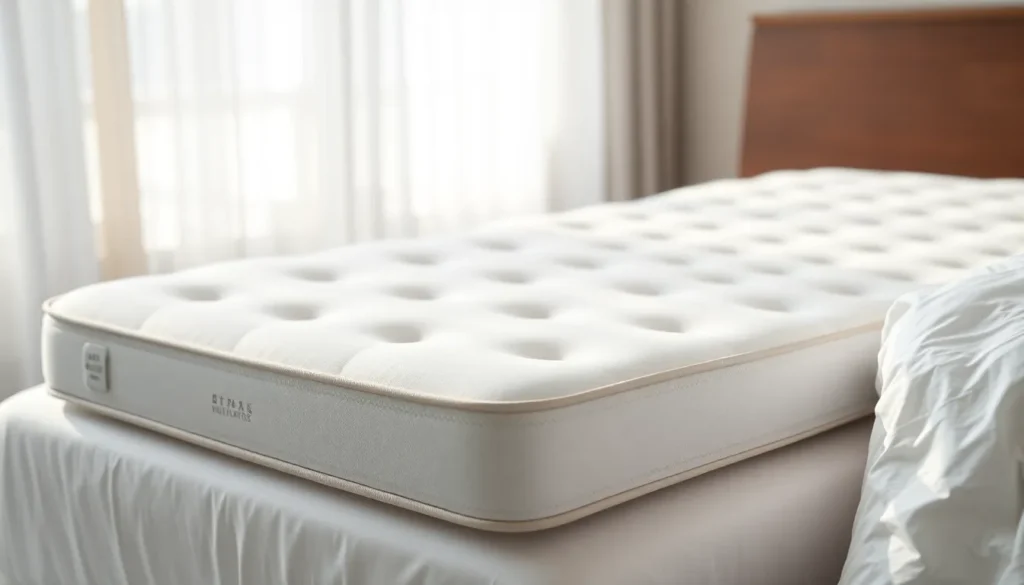 Saatva mattress with subtle body impression side view bedroom