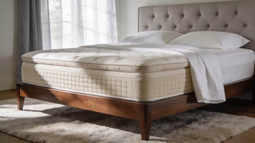 Saatva Classic Euro pillow top side detail with organic cotton cover in daylight bedroom