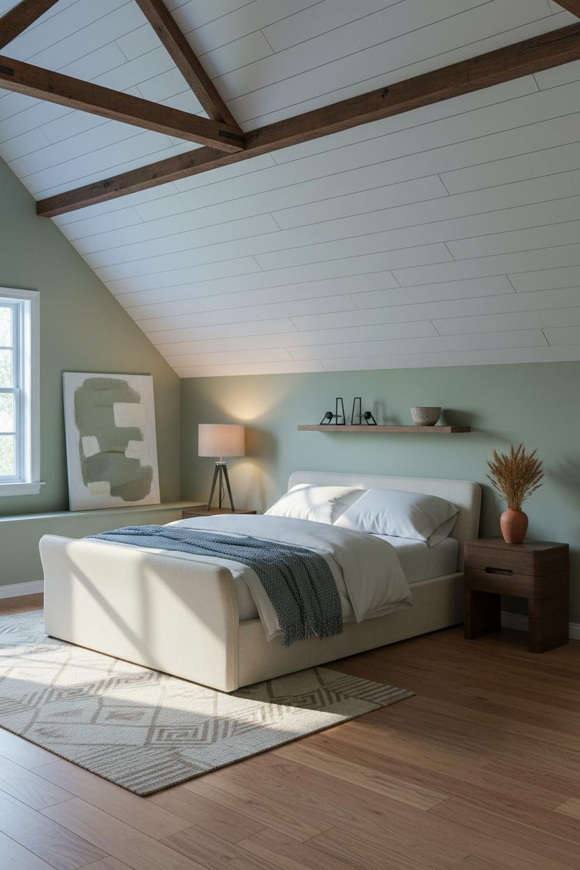 Sage Green Farmhouse Attic Bedroom Dormer