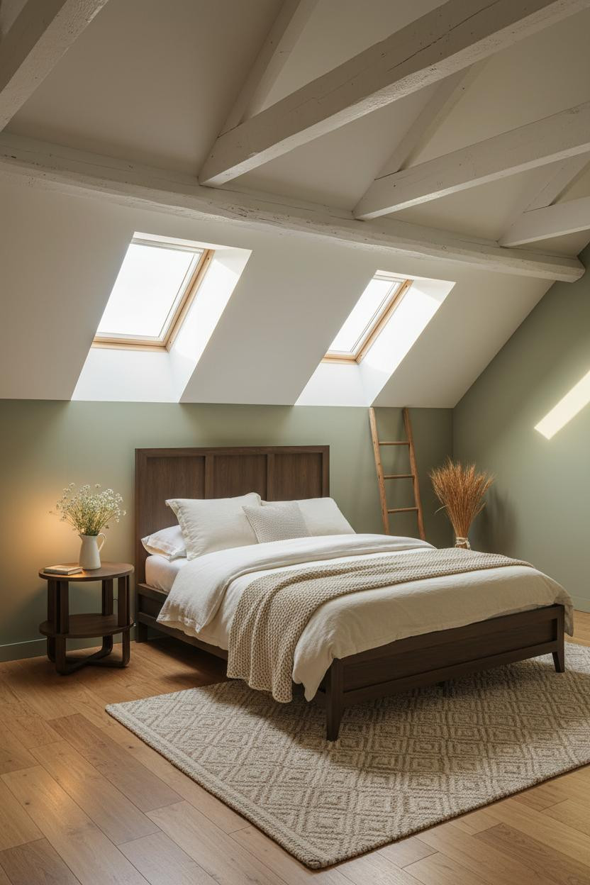 Sage Green Farmhouse Attic Bedroom Dormer Light