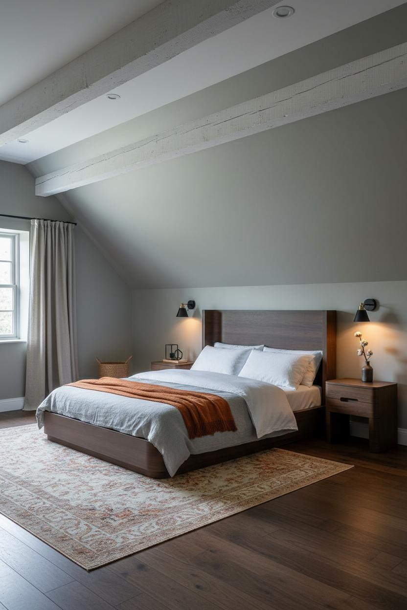 Sage Green Farmhouse Attic Bedroom Exposed Beams