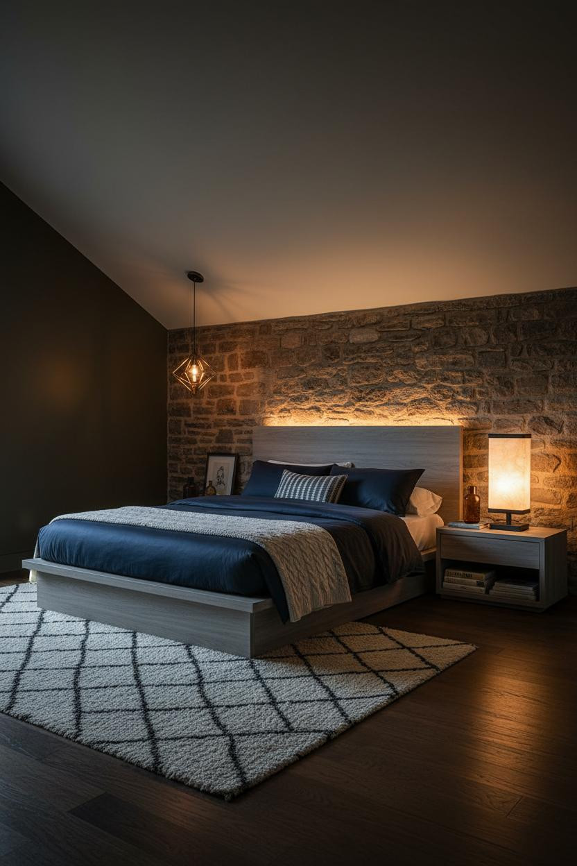 Sage Green Farmhouse Attic Bedroom Stone Accent
