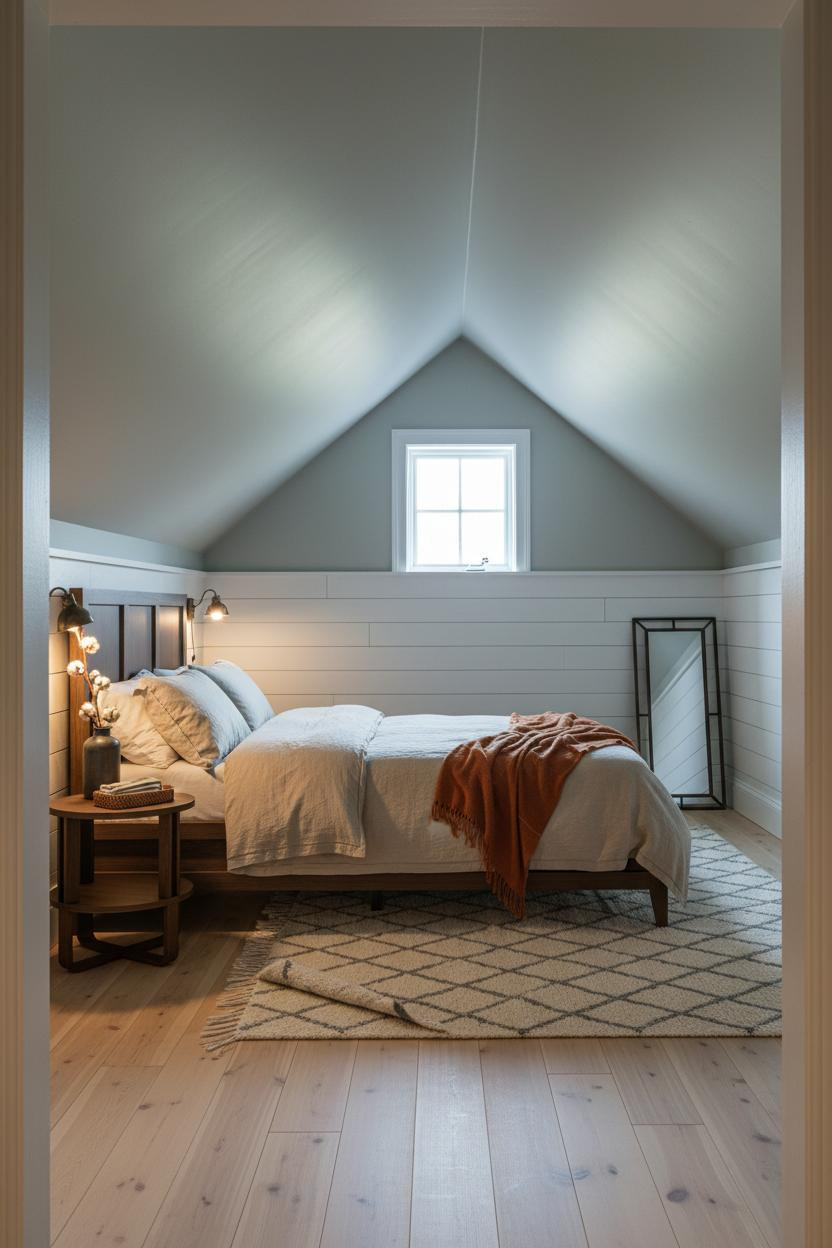 Sage Green Farmhouse Attic Bedroom Wainscoting