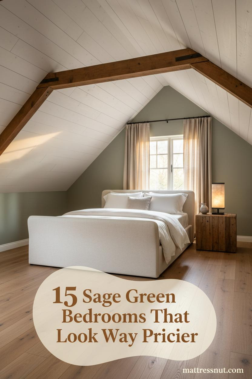 Sage green attic bedroom with whitewashed shiplap ceiling, honey oak floors, cream linen bedding, dormer window, and warm afternoon light