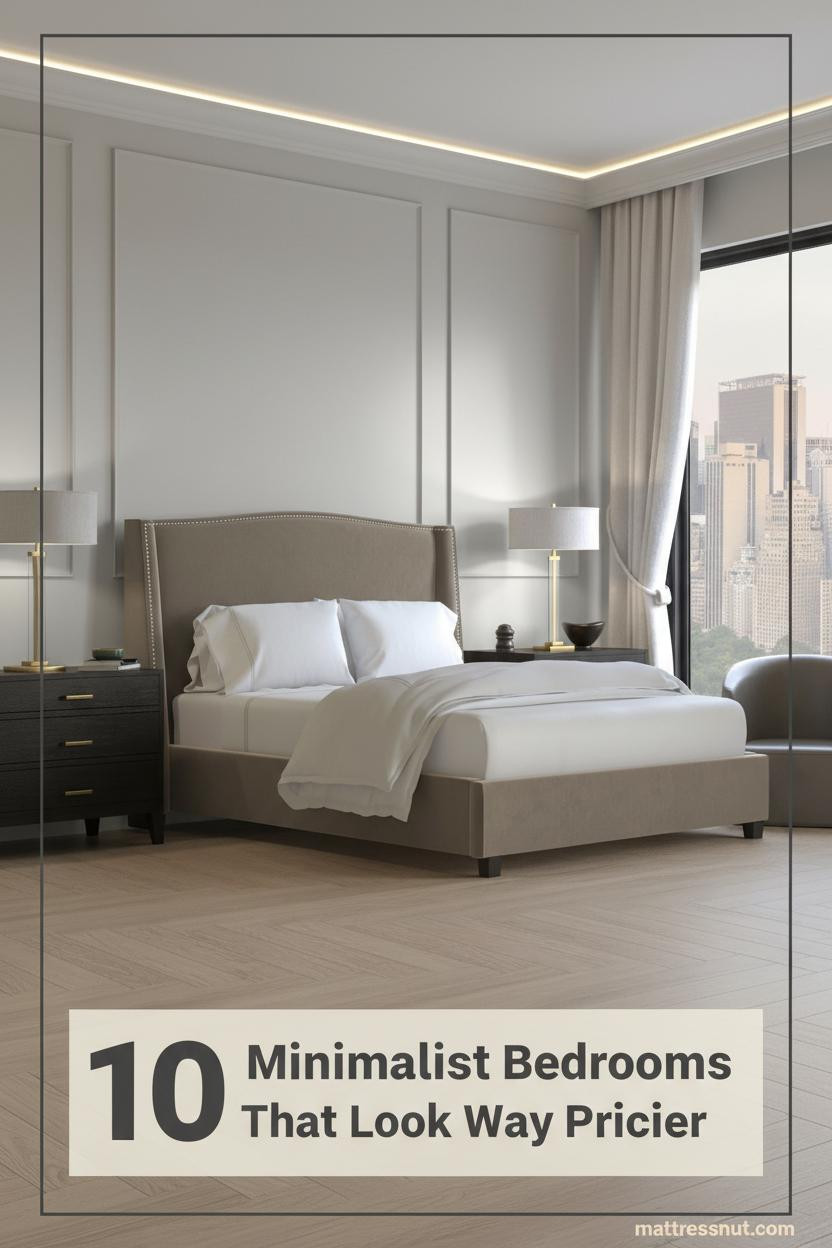 Warm minimalist bedroom with stone grey board-and-batten wall, oak herringbone floor, white linen bedding, and soft 2700K cove lighting