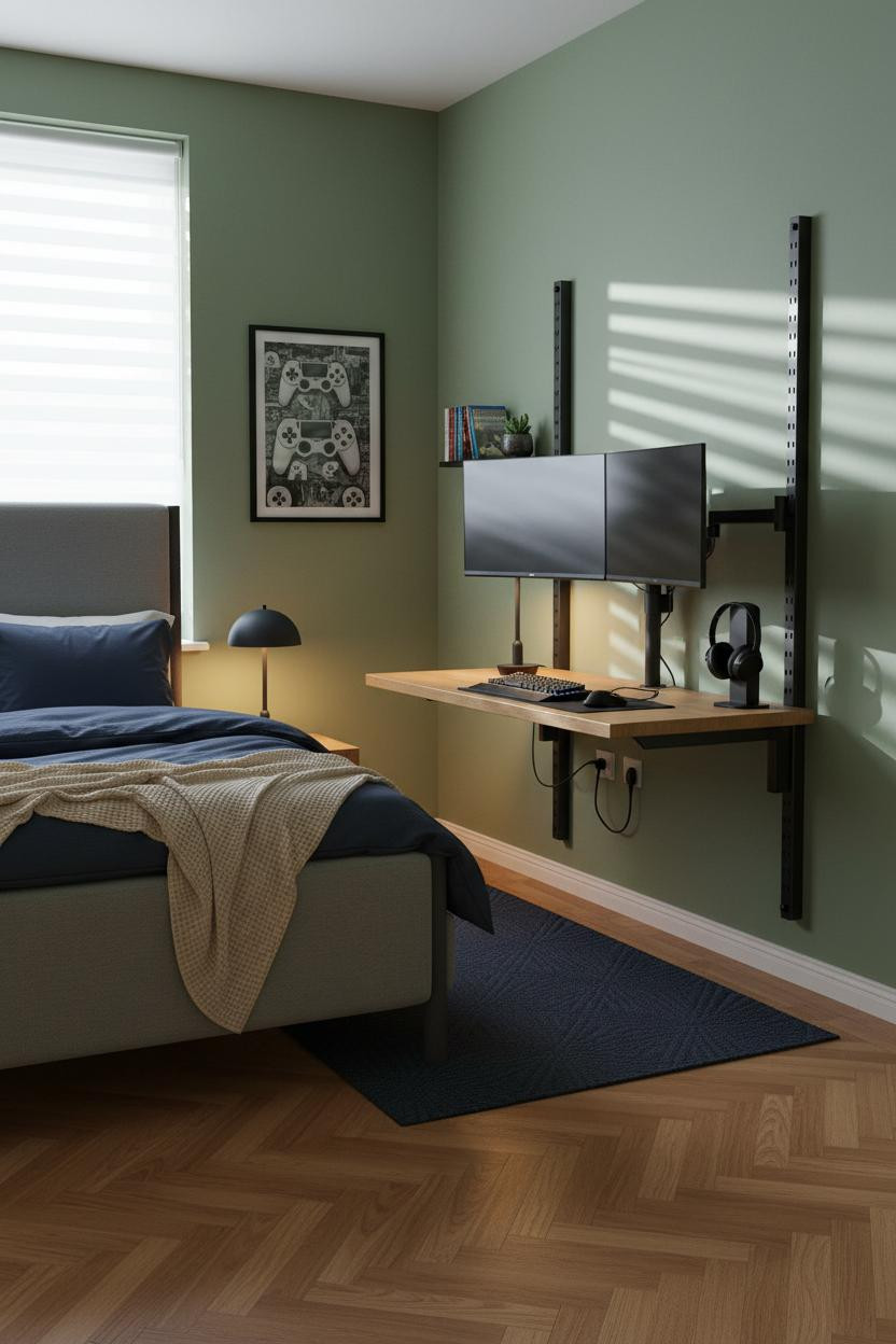Small Gaming Bedroom Dual Monitor Desk