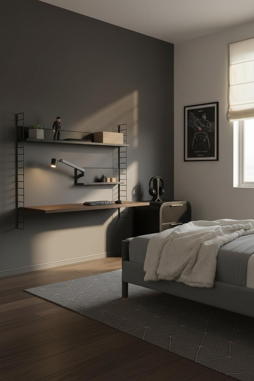 Small Gaming Bedroom Floating Desk Setup
