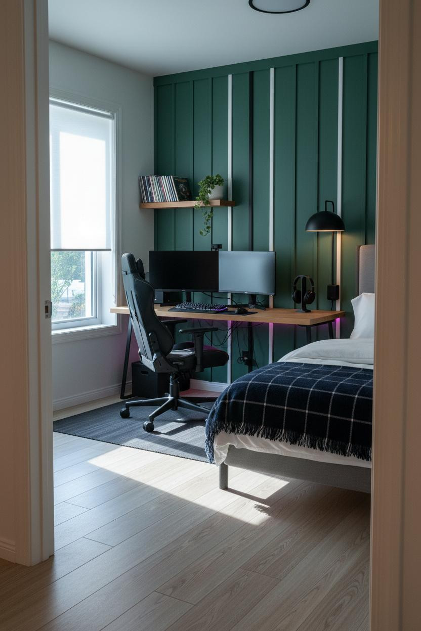Small Gaming Bedroom Forest Green Scandi Desk