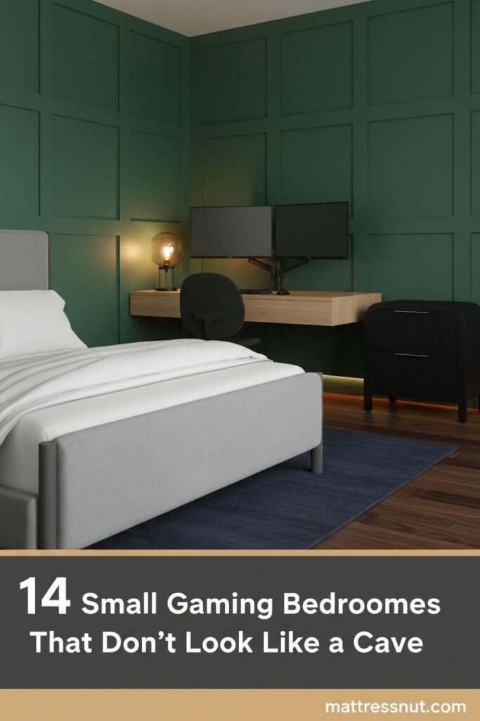 Small gaming bedroom with forest green board-and-batten wall, oak floating desk, dual monitors, navy bedding, and warm amber lighting