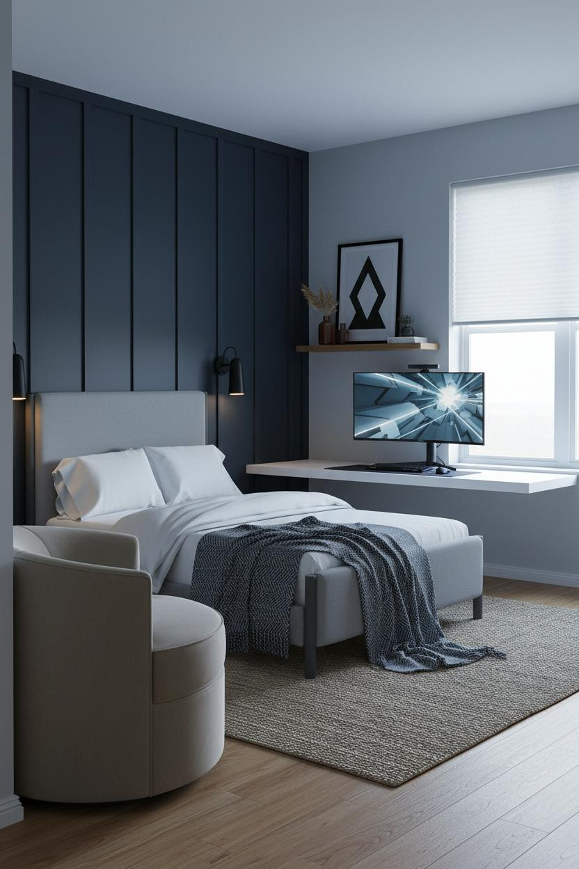 Small Gaming Bedroom Navy Desk Setup
