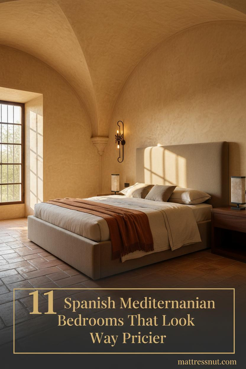 Vaulted honey-gold plaster ceiling, terracotta tile floor, cream linen bedding, rust-ochre throw, wrought-iron sconce, walnut nightstand
