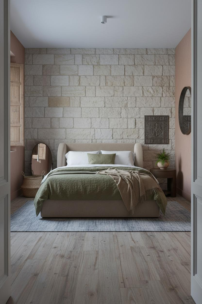Spanish Mediterranean Bedroom Stone Accent Wall