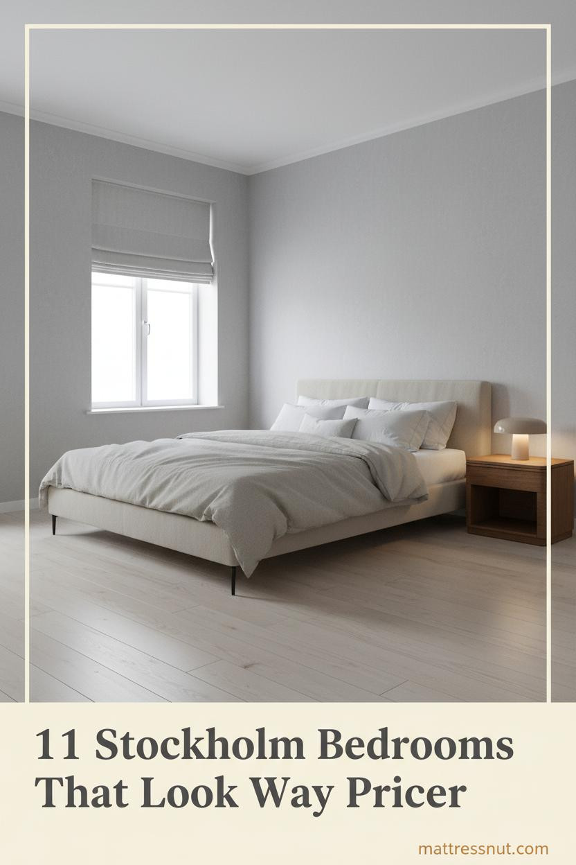 Stockholm bedroom with dove grey plaster walls, pale birch floors, low platform bed in stone-washed linen, warm oak nightstand, Nordic daylight