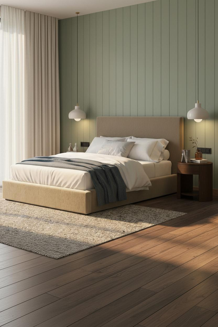Stockholm Bedroom Sage Shiplap Walnut Floor