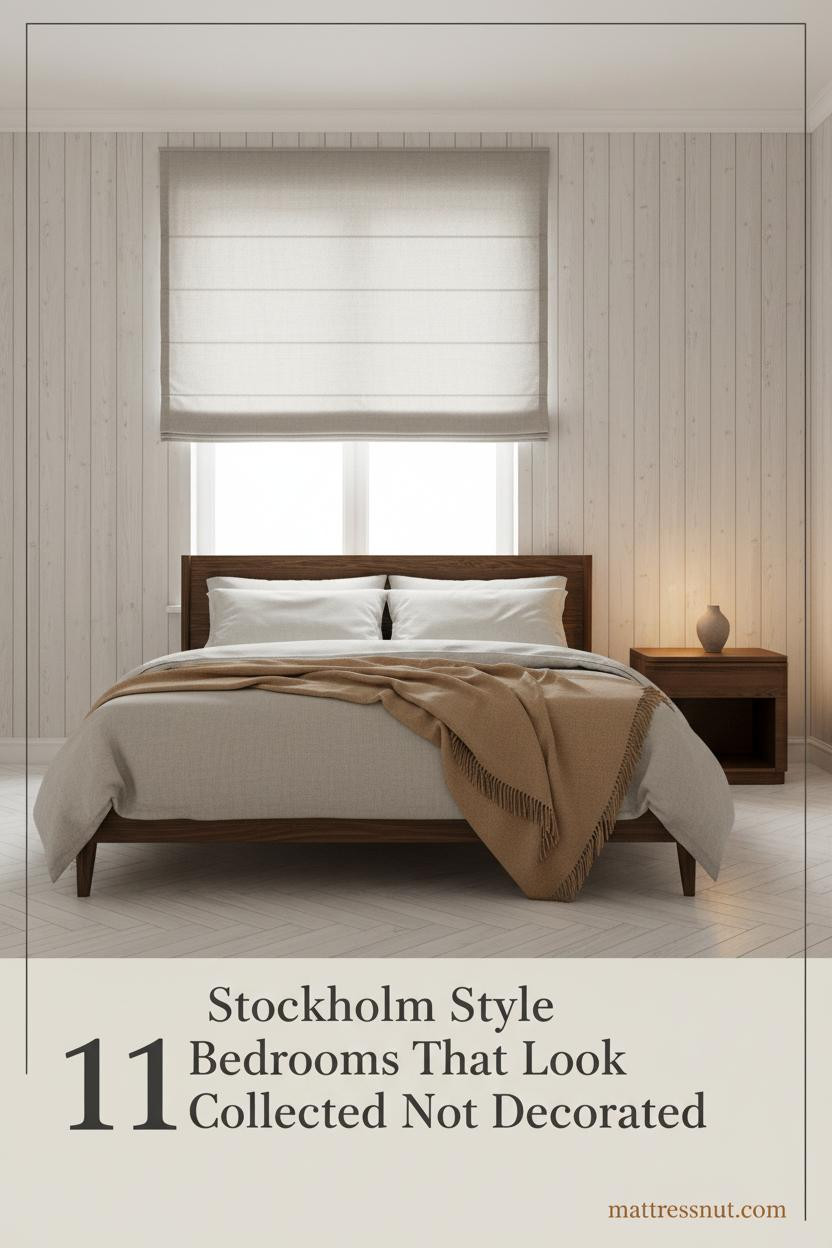 Stockholm style bedroom with pale ash panel walls, bleached pine herringbone floor, oat linen bedding, camel wool throw, and matte clay bud vase on nightstand