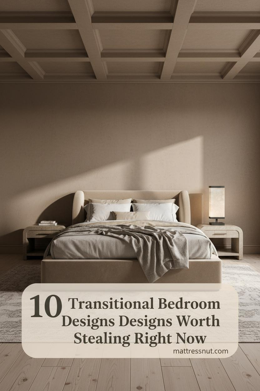 Transitional bedroom with warm taupe plaster walls, coffered clay ceiling, bleached maple floors, cream linen bedding, and sculptural brass lamp