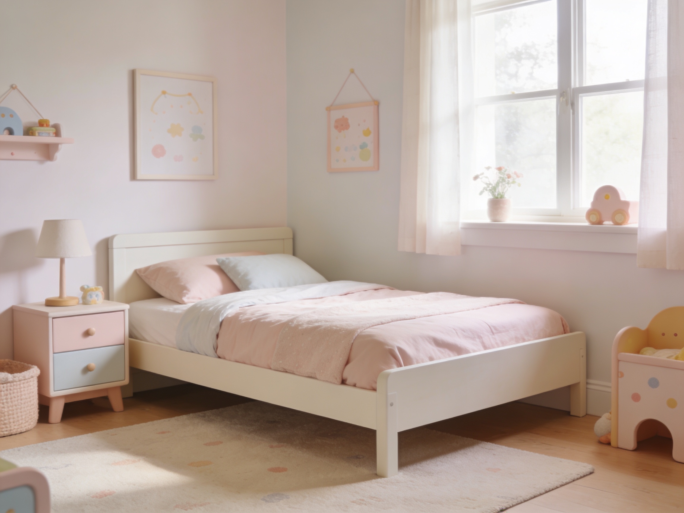 Twin bed for preschooler in soft pastel bedroom with low-profile frame and simple linens