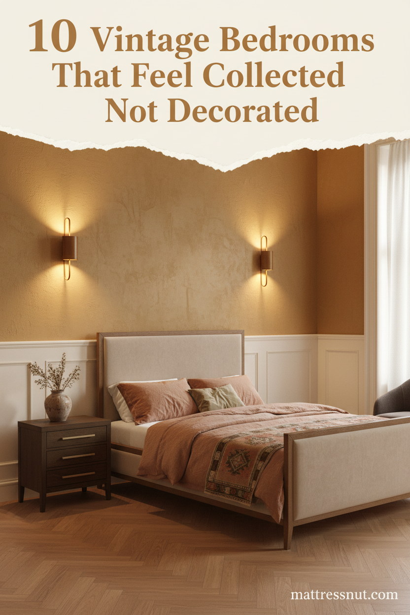 Cozy vintage bedroom with ochre plaster walls, amber sconces, dusty linen bedding, kilim runner, and dried stems in a ceramic vessel