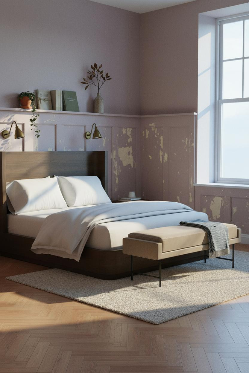 Vintage Bedroom Mauve Wainscoting Brass