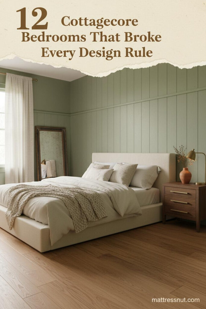 Cottagecore bedroom with sage board-and-batten walls, cream wool bedding, terracotta vase, tarnished mirror, and warm antique brass lamp