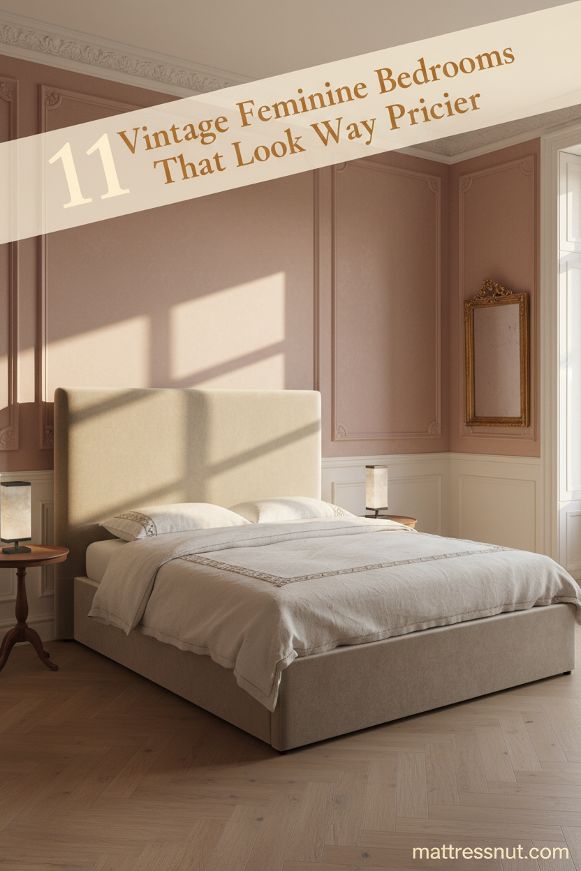 Vintage feminine bedroom with dusty rose plaster walls, ivory linen duvet, gilt mirror, carved bed frame, and herringbone parquet flooring