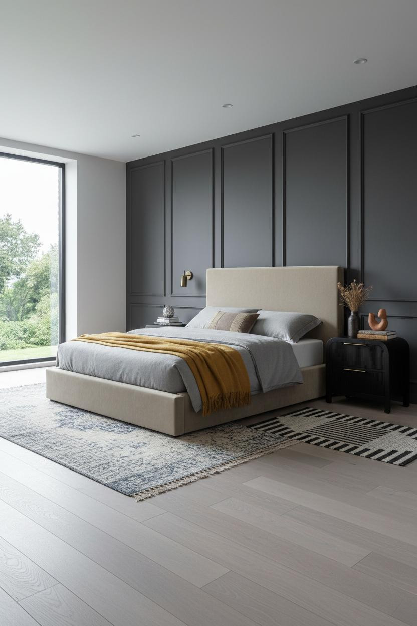 Vintage Modern Bedroom Charcoal Paneling Minimalist