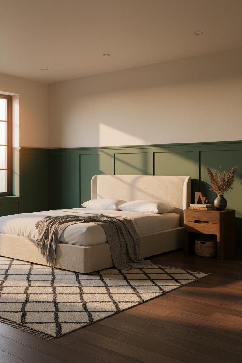 Vintage Modern Bedroom Forest Green Wainscoting