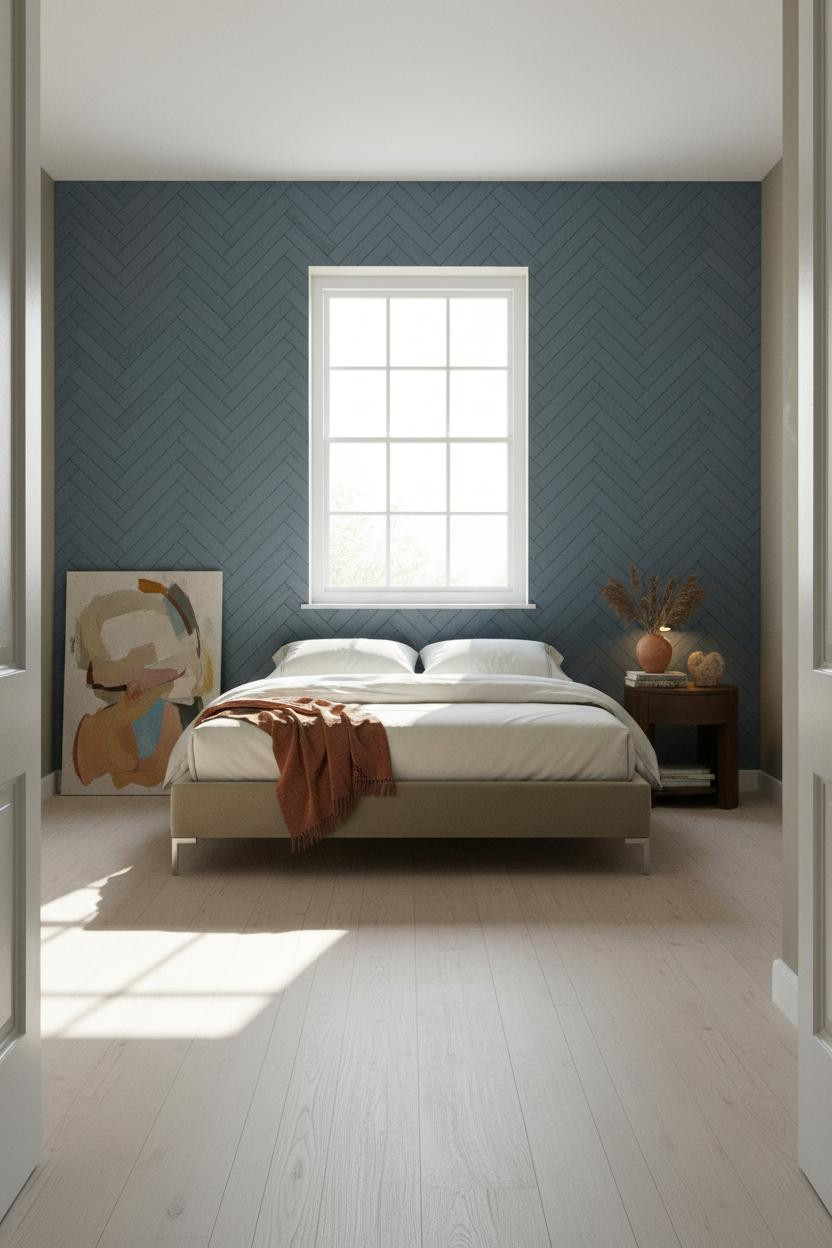 Vintage Modern Bedroom Herringbone Wall