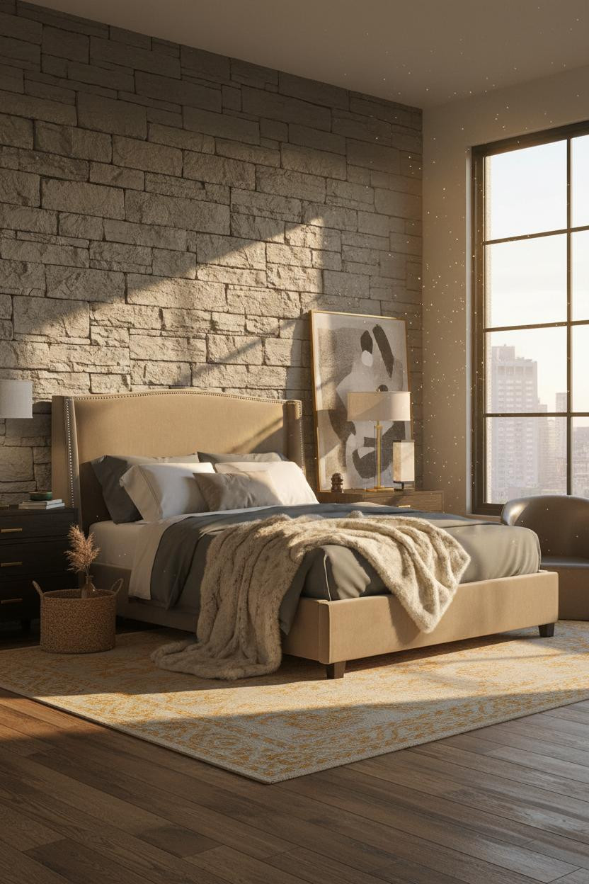 Vintage Modern Bedroom Japandi Stone Wall