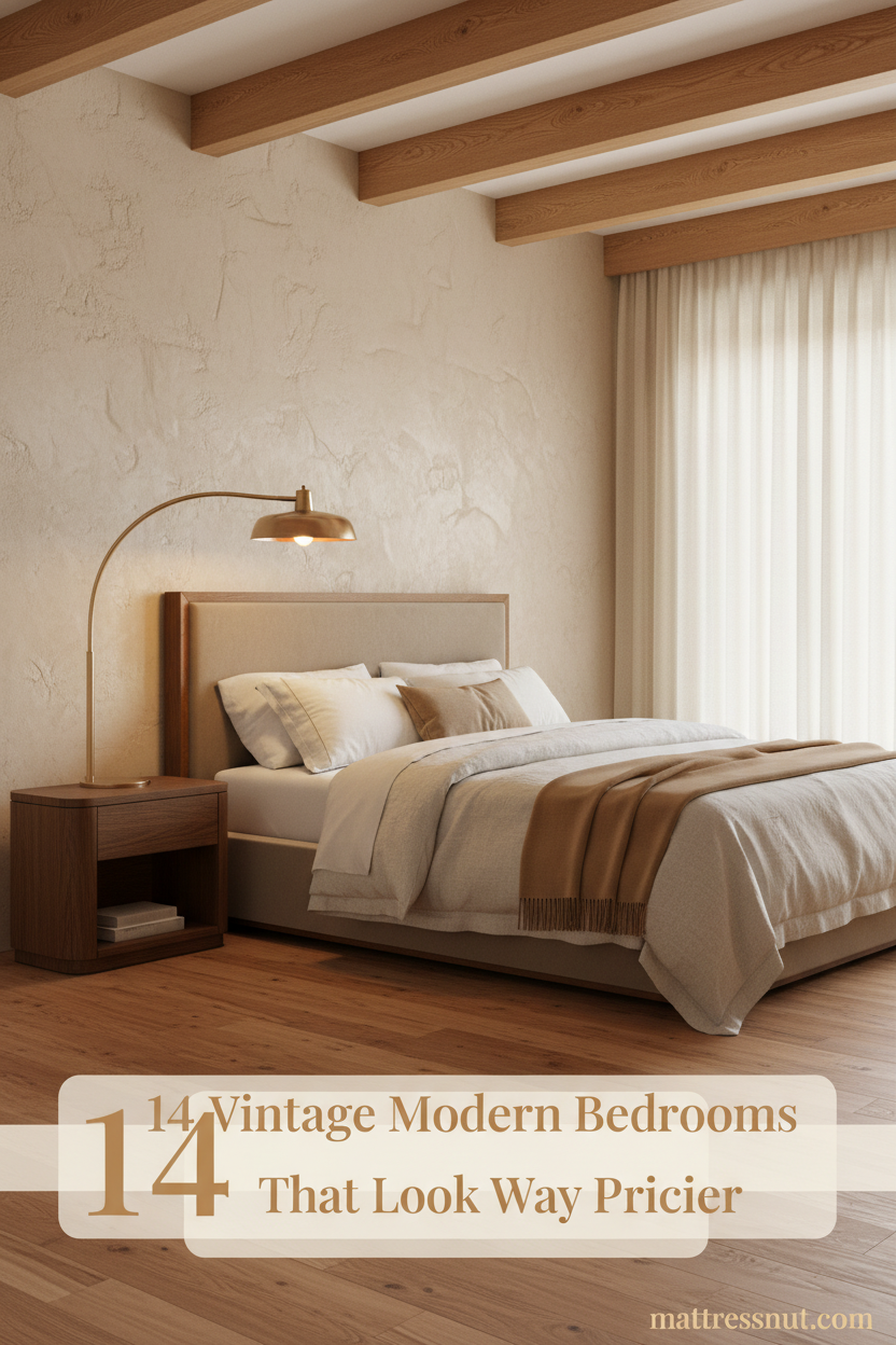 Vintage modern bedroom with oak ceiling beams, warm plaster walls, layered cream linen bedding, camel wool throw, and brass arc floor lamp